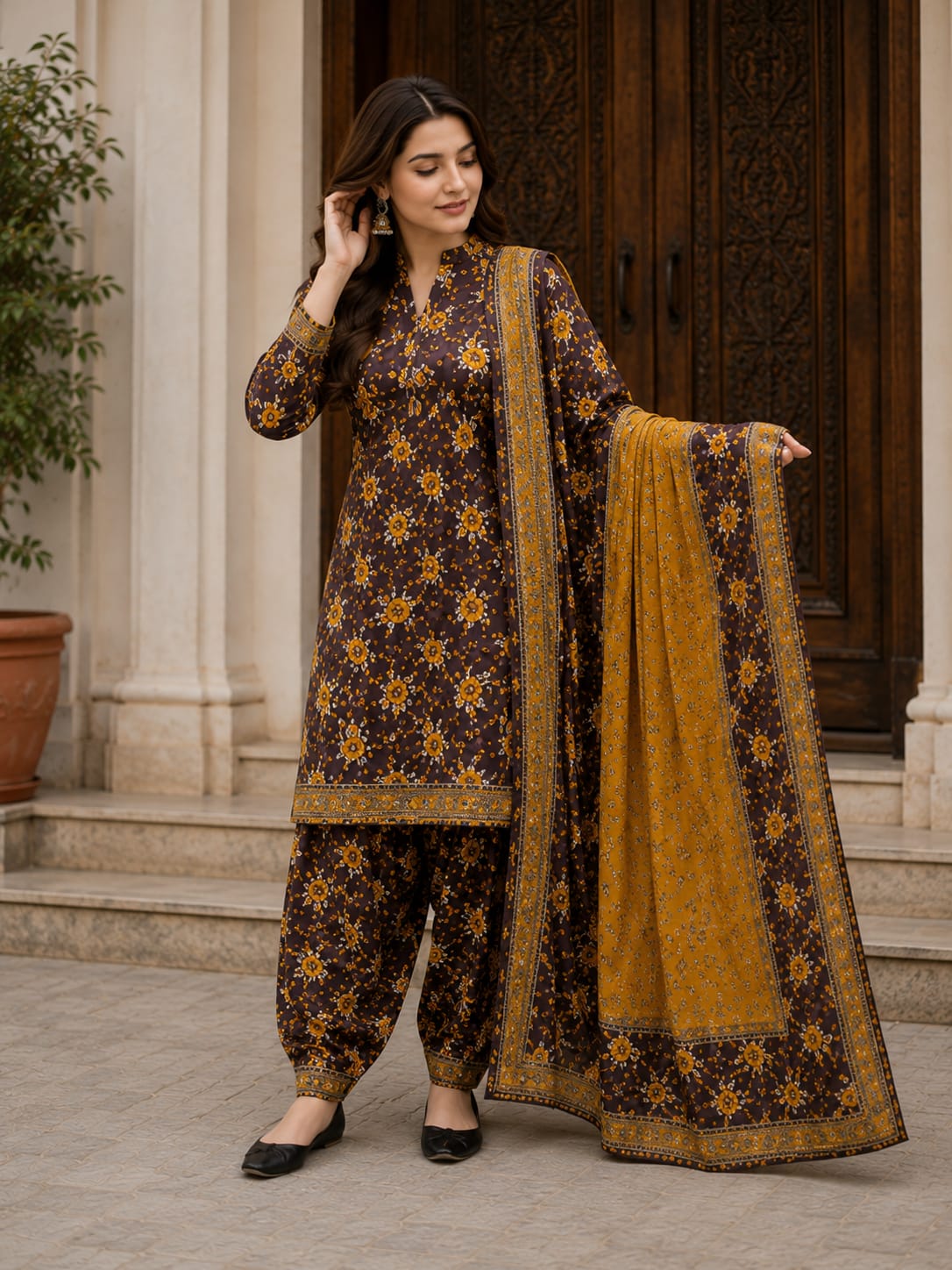 "Mocha Mustard Printed 3 Piece Suit"