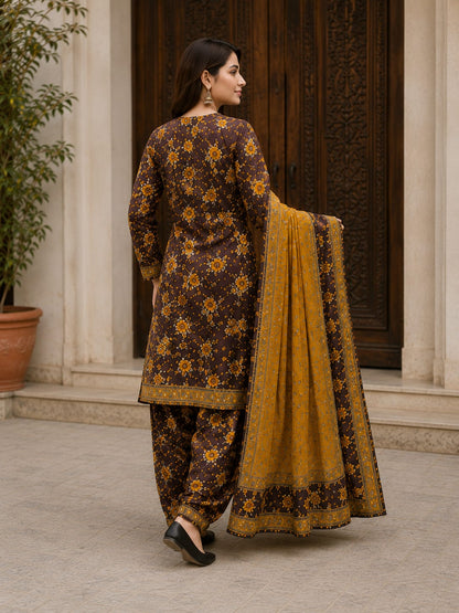 "Mocha Mustard Printed 3 Piece Suit"