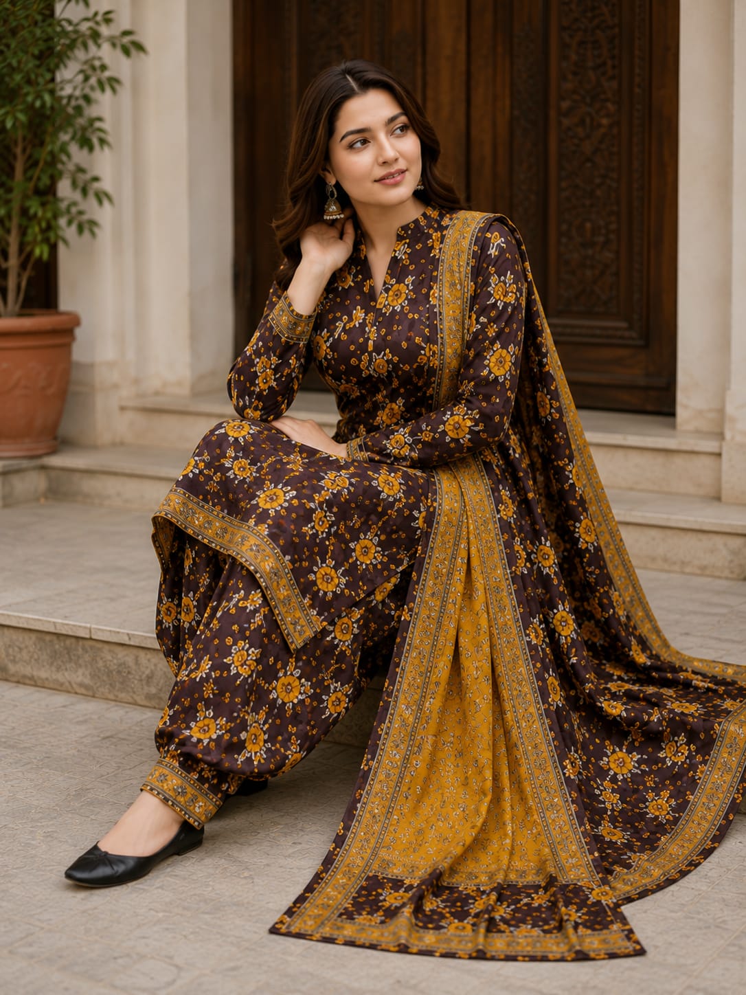 "Mocha Mustard Printed 3 Piece Suit"