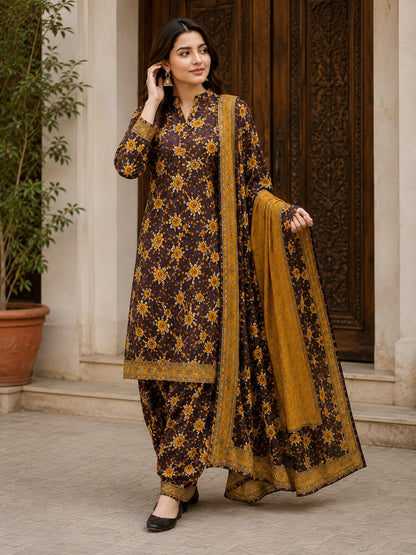 "Mocha Mustard Printed 3 Piece Suit"