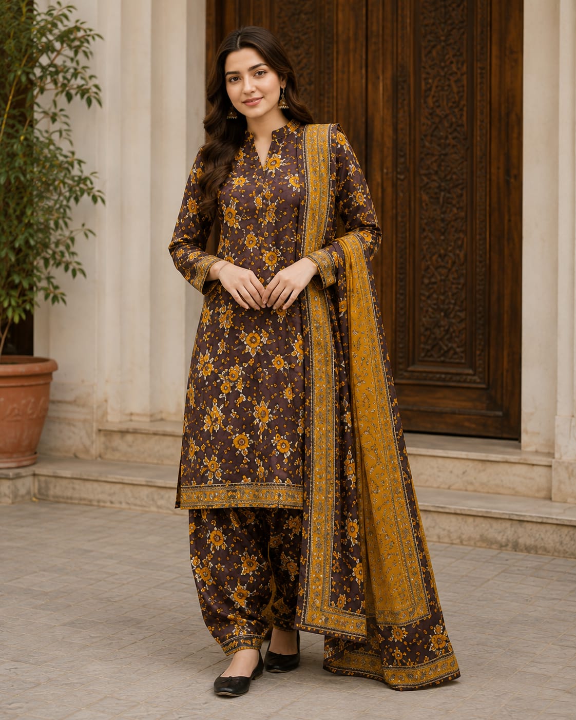 "Mocha Mustard Printed 3 Piece Suit"