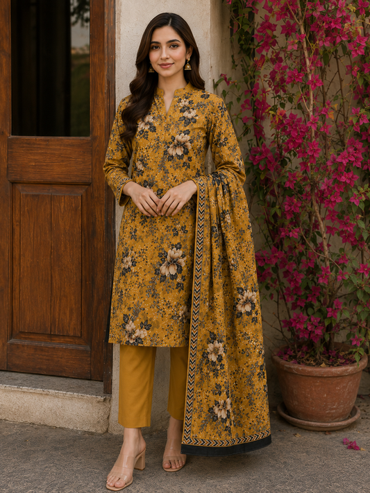 🌼 Sunehri Bahaar Floral – Premium Printed Lawn 3 Piece Suit
